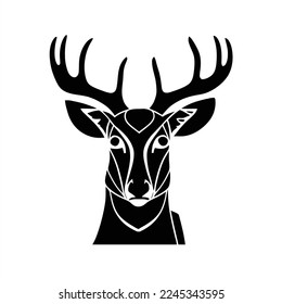Deer logo template. isolated. A deer's head with antlers on it's head, black and white silhouette, on a white background