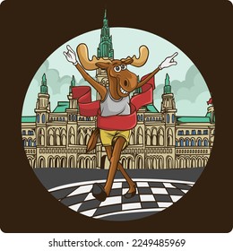 deer logo vector illustration design running at the finish line with majestic building background