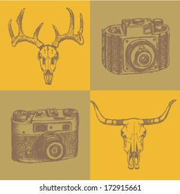 Deer, longhorn and retro photo camera, vector sketch pattern