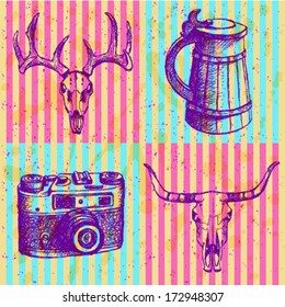 Deer, longhorn and retro photo camera, vector sketch pattern