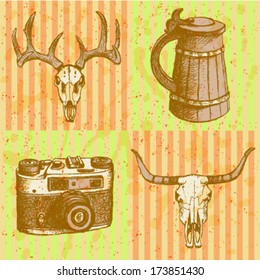 Deer, longhorn and retro photo camera, vector sketch pattern