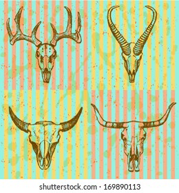 Deer, longhorn, springbok, bison, vector sketch set