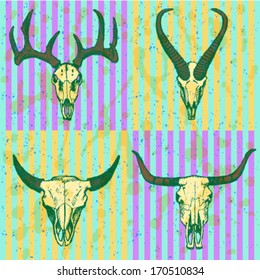 Deer, longhorn, springbok, bison, vector sketch set