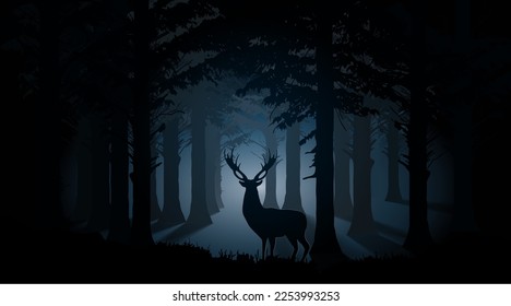 The deer looks at the light in the forest. Fog and shadows from trees. Vector illustration of wild animals in their natural habitat.
