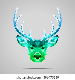 Deer low poly portrait. Symmetric blue - green gradient. Abstract polygonal illustration.