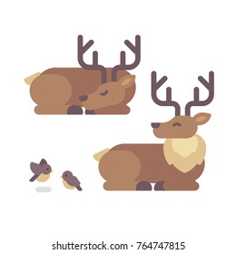 Deer lying down flat illustration. Santa Claus reindeer sleeping after Christmas