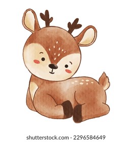 Deer is lying down . Watercolor paint design . Cute animal cartoon character . Vector .