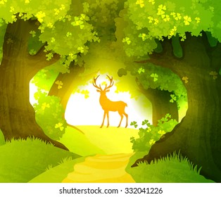 Deer in magic forest standing in front of rising sun