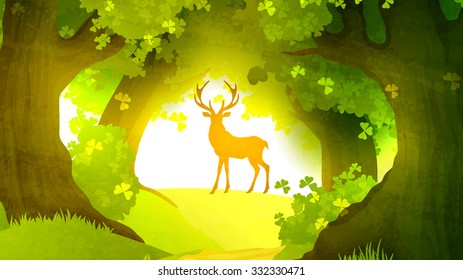 Deer in magic forest standing in front of rising sun