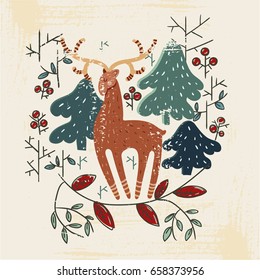 "Deer in magical forest" illustration