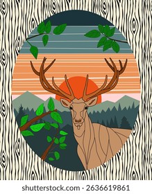 Deer with magnificent antlers in a forest at sunset, looking at the spectator. The deer is enclosed in an oval and around it is a rectangle with a wood-like pattern.