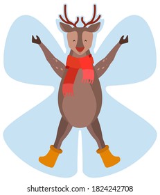 Deer making snow angel. Cute Christmas character.