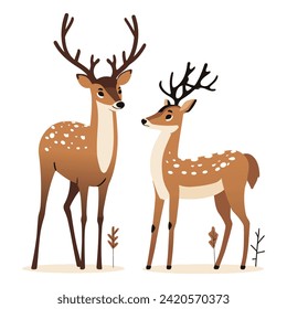 Deer Male and Female - Showcasing Wildlife Elegance and Togetherness. Flat Vector Illustration 