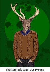 Deer man in brown sweater on green background. Hand drawn vector illustration eps8