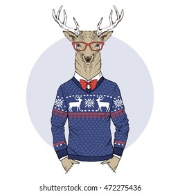 deer man dressed up in jacquard pullover, Merry Christmas character, furry art illustration, fashion animals