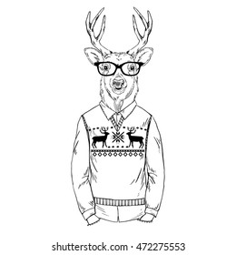 deer man dressed up in jacquard pullover, Merry Christmas character, furry art illustration, fashion animals

