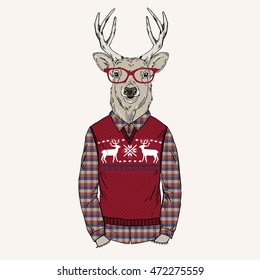 deer man dressed up in jacquard pullover, Merry Christmas character, furry art illustration, fashion animals
