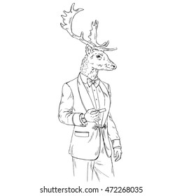 deer man dressed up in retro chic style with cigar, furry art illustration, fashion animals