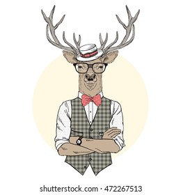 deer man dressed up in retro style, furry art illustration, fashion animals