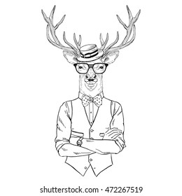 deer man dressed up in retro style, furry art illustration, fashion animals