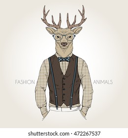 deer man dressed up in retro style, furry art illustration, fashion animals