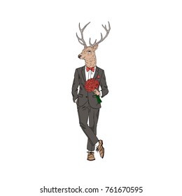 deer man dressed up in suit with flowers, romantic character
