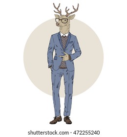 deer man dressed up in suit, furry art illustration, fashion animals