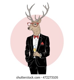 deer man dressed up in tuxedo with champagne, Merry Christmas character, furry art illustration, fashion animals