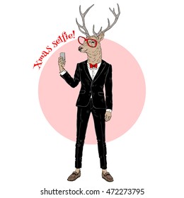 deer man dressed up in tuxedo making selfie, Merry Christmas character, furry art illustration, fashion animals