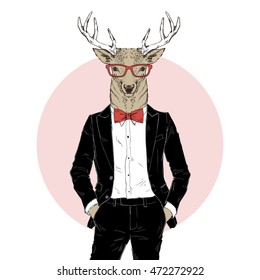 deer man dressed up in tuxedo, Merry Christmas character, furry art illustration, fashion animals