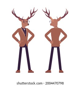 Deer man, elegant mister moose, animal head stylish human standing. Dressed up gentleman having large, horns, antlers, wearing glasses. Vector flat style cartoon illustration, front and rear view