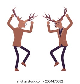 Deer man, elegant mister moose, animal head human in anger. Dressed up gentleman having large, horns, antlers, wearing glasses. Vector flat style cartoon illustration, front and rear view