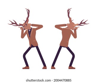 Deer man, elegant mister moose, animal stylish human butting head. Dressed up gentleman having large, horns, antlers, wearing glasses. Vector flat style cartoon illustration, front and rear view