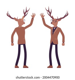Deer man, elegant mister moose, animal head human waving hand. Dressed up gentleman having large, horns, antlers, wearing glasses. Vector flat style cartoon illustration, front and rear view