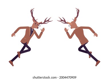 Deer man, elegant mister moose, animal head stylish human running fast. Dressed up gentleman having large, horns, antlers, wearing glasses. Vector flat style cartoon illustration, front and rear view