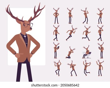 Deer man, elegant mister moose, animal head human character set. Dressed up gentleman, businessman having horns, antlers, wearing glasses. Full length, different views, gestures, emotions, position