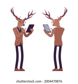 Deer man, mister moose, animal head human standing with tablet. Dressed up gentleman having large, horns, antlers, wearing glasses. Vector flat style cartoon illustration, front and rear view