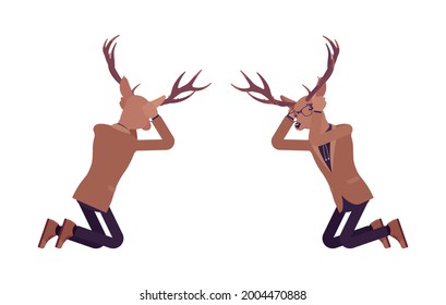 Deer man, mister moose, animal head human knelt in despair. Dressed up gentleman having large, horns, antlers, wearing glasses. Vector flat style cartoon illustration, front and rear view