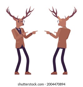 Deer man, mister moose, animal head human hey you pose. Dressed up gentleman having large, horns, antlers, wearing glasses. Vector flat style cartoon illustration, front and rear view