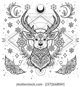 Deer mandala. Animal Vector illustration. Adult or kids coloring book page in Zen boho style. Antistress Peaceful drawing. Black and white