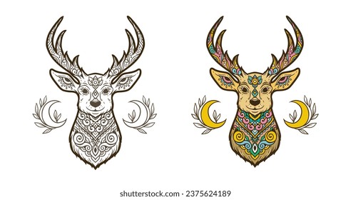 Deer mandala. Animal Vector illustration. Adult or kids coloring book page in Zen boho style. Antistress Peaceful drawing. Black and white