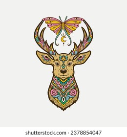 Deer mandala. Animal Vector illustration Ornamental flower in Zen boho style. Retro Magic drawing with butterfly