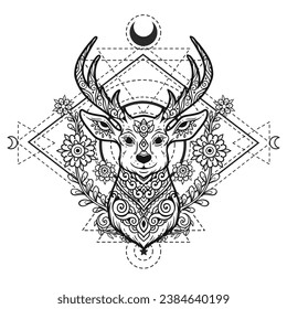 Deer mandala. Animal Vector illustration. Adult or kids coloring book page in Zen boho style. Antistress Peaceful drawing sacred geometry