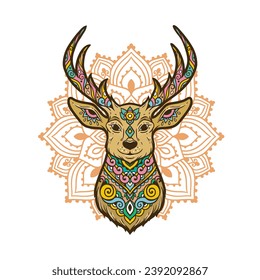 Deer mandala. Animal Vector illustration Ornamental flower in Zen boho style. Retro Magic drawing