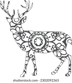 Deer mandala coloring page for children and adults. Hand drawing vector illustration in black outline on a white background.