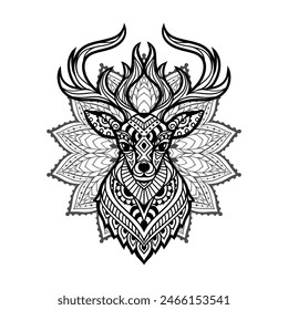 Mandala de ciervo. Ilustración vectorial. Esotérico, Animal salvaje espiritual en estilo boho zen. para colorear página