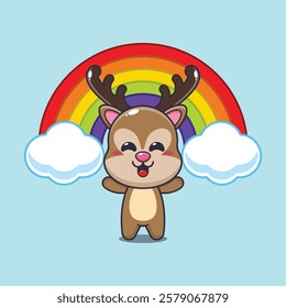 deer mascot cartoon character vector illustration with rainbow.
design element for poster, brochure, web, mascot, sticker, logo and icon.