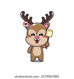 deer mascot cartoon character vector illustration eating marshmallow.
Design element for poster, brochure, web, mascot, sticker, logo and icon.