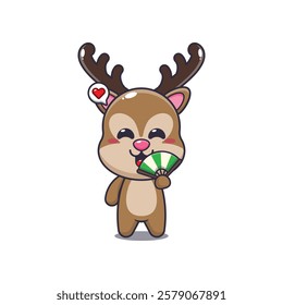 deer mascot cartoon character vector illustration with hand fan.
Design element for poster, brochure, web, mascot, sticker, logo and icon.