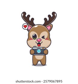 deer mascot cartoon character vector illustration with camera.
Design element for poster, brochure, web, mascot, sticker, logo and icon.